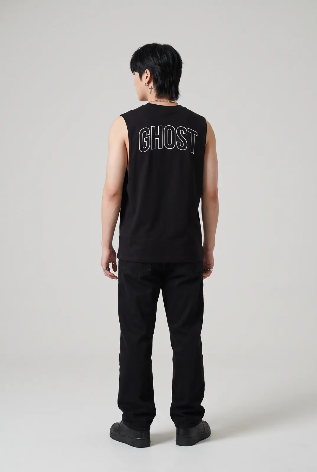 Jae Park wearing the GHOST Muscle Tee in Black, back turn