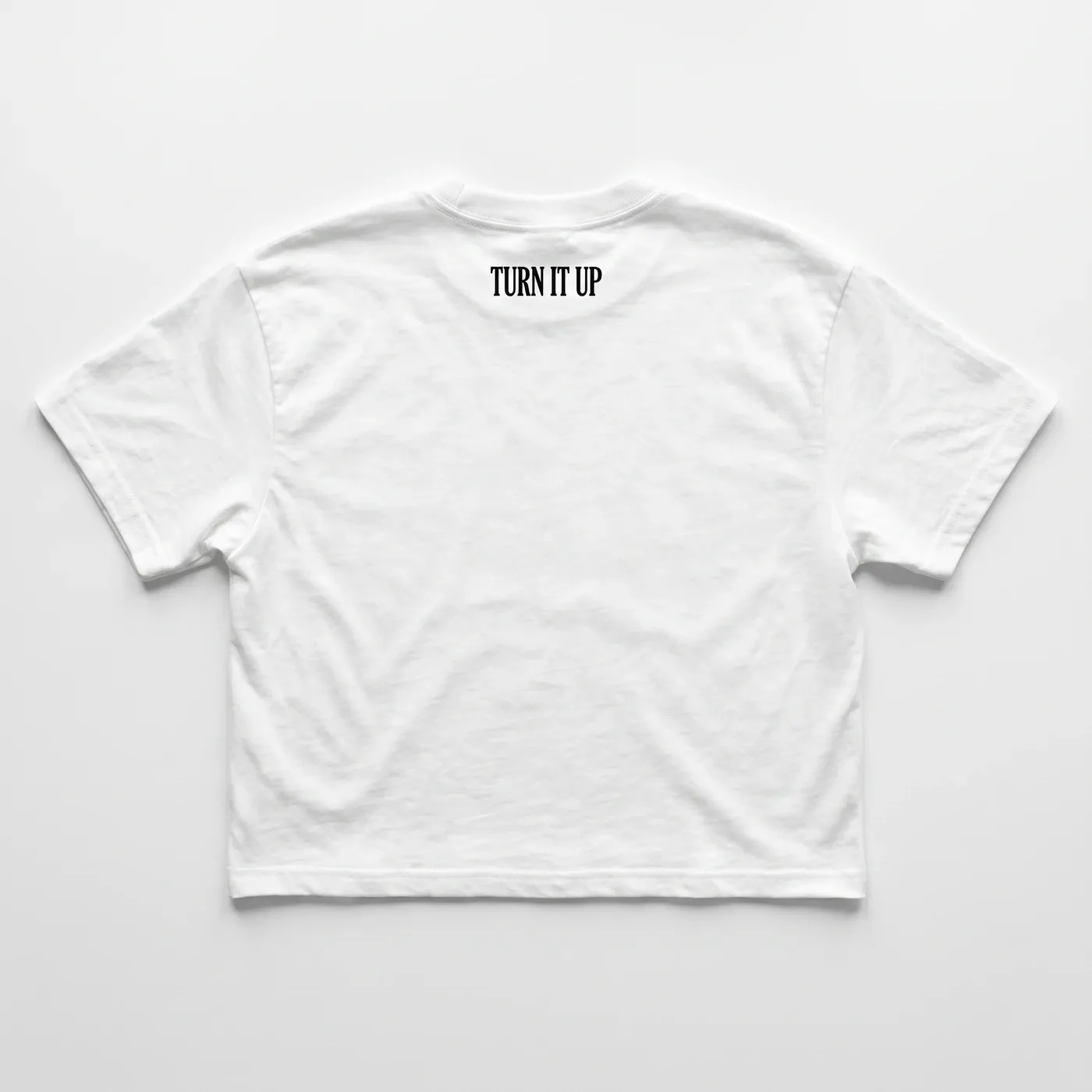 LOUD Cropped Tee in White, laid flat, back