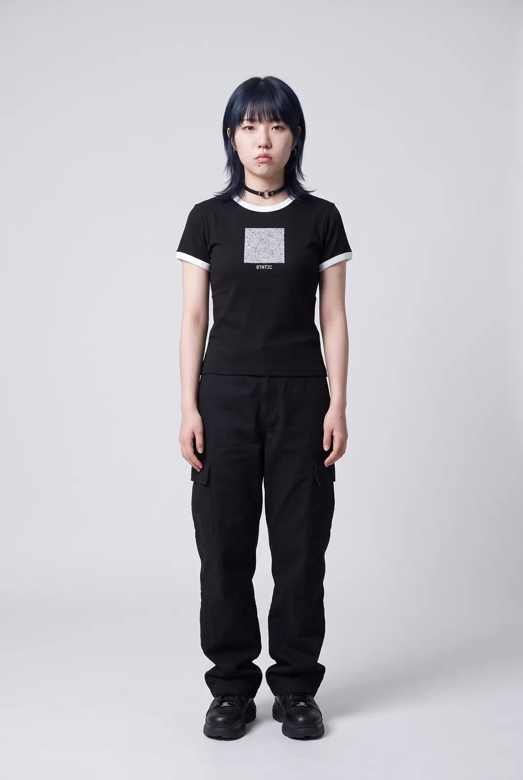 Sora Tanaka wearing the STATIC Baby Tee in Black, front hero